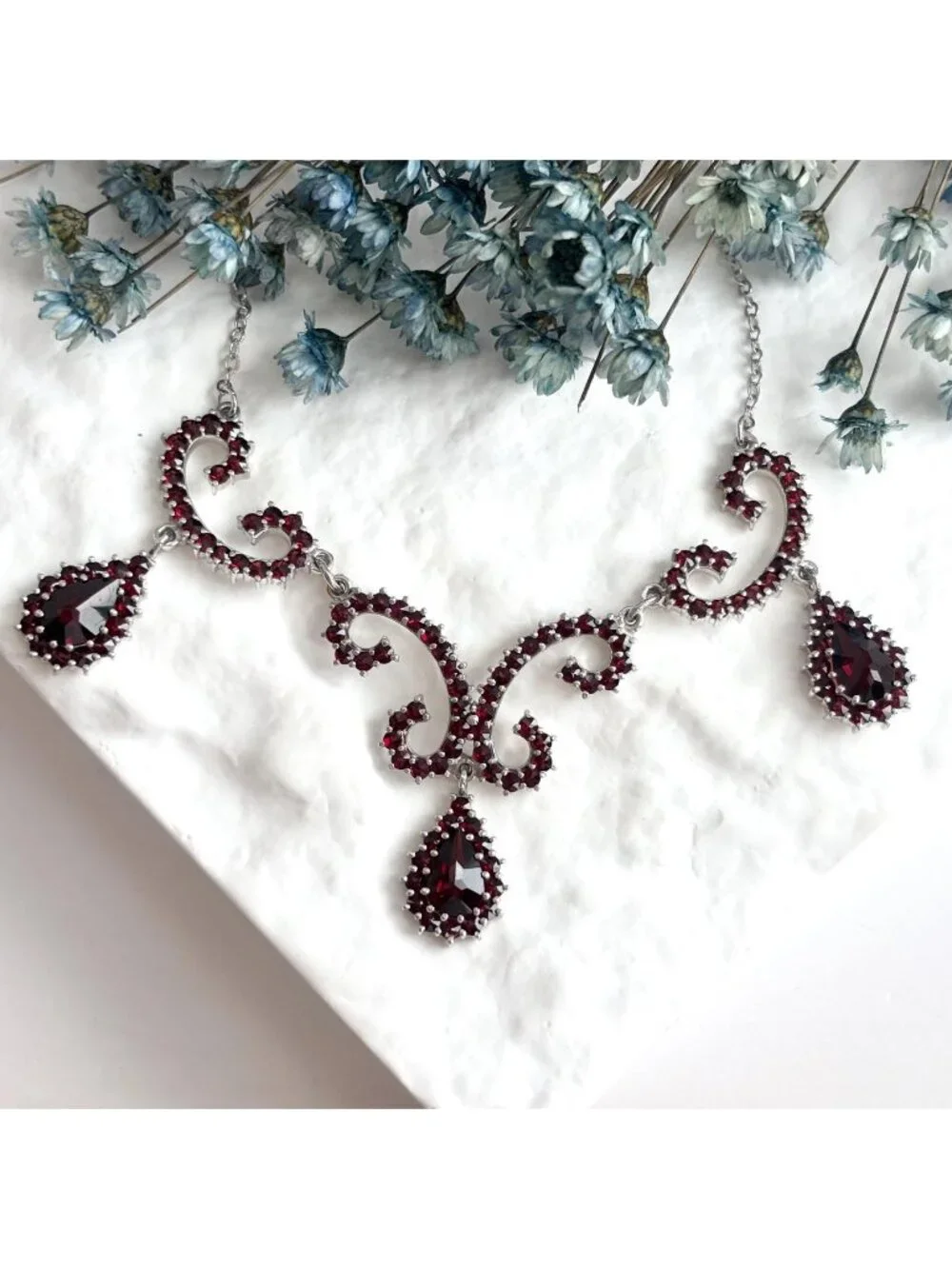 Art Deco Dark Red Teardrop Sterling Silver 925 Vintage Pendant Necklace - 19